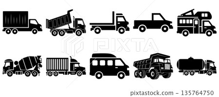 Collection of commercial vehicle silhouettes featuring various trucks for logistics, construction, and transportation needs 135764750