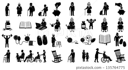 Collection of monochrome icons representing senior citizens engaged in healthy aging activities and elder care 135764775