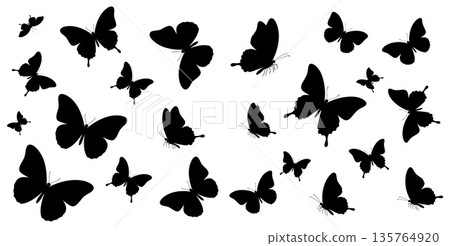 Numerous black butterfly silhouettes in various poses and sizes create a dynamic arrangement 135764920