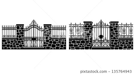 Ornate wrought iron gates with stone pillars and fencing Ornate wrought iron gates with stone pillars and fencing 135764943