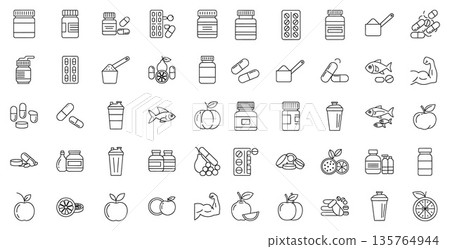 Outline icons showing a comprehensive set of health supplements, vitamins, and fitness nutrition products for wellness apps 135764944