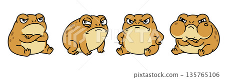 Funny grumpy toad sticker set. Angry frog character with skepticism, pout and rage. Kawaii vector illustration. Funny grumpy toad sticker set. Angry frog character with skepticism, pout and rage. Kawaii vector illustration. 135765106