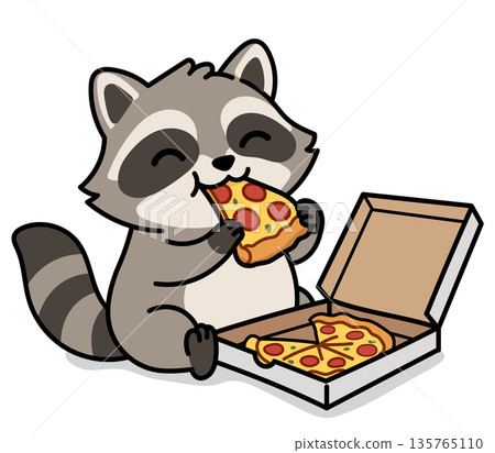 Adorable cartoon raccoon happily eating a delicious pepperoni pizza slice from an open cardboard box, funny forest animal enjoying tasty fast food meal, cute wildlife character illustration 135765110