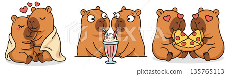 Set of cute capybara couples celebrating love with hugging under blanket sharing strawberry milkshake and eating pizza heart eyes stickers flat vector illustration for Valentine's Day. Set of cute capybara couples celebrating love with hugging under blanket sharing strawberry milkshake and eating pizza heart eyes stickers flat vector illustration for Valentine's Day. 135765113