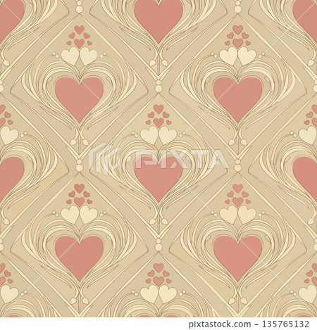 Vintage Art Nouveau Heart Seamless Pattern - Valentine's Day Floral Ornament 135765132