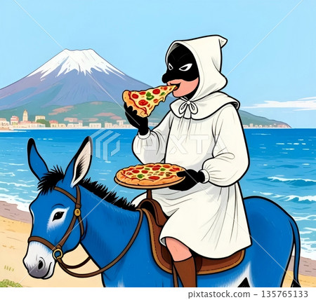 A young Pulcinella eats a slice of pizza atop a blue donkey, with Mount Vesuvius and the sea of Naples in the background. 135765133