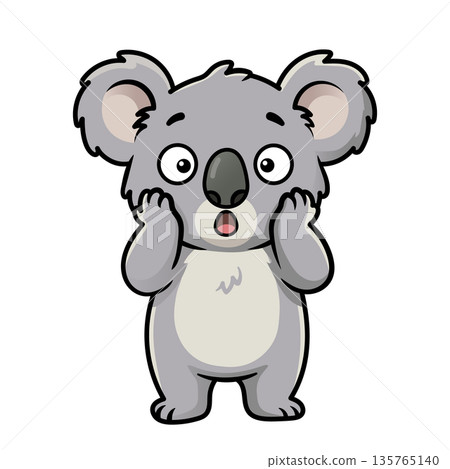 Cute grey koala cartoon character in a state of shock and surprise with its hands on its cheeks, expressing disbelief and wonder in a clean vector illustration style on white. Cute grey koala cartoon character in a state of shock and surprise with its hands on its cheeks, expressing disbelief and wonder in a clean vector illustration style on white. 135765140