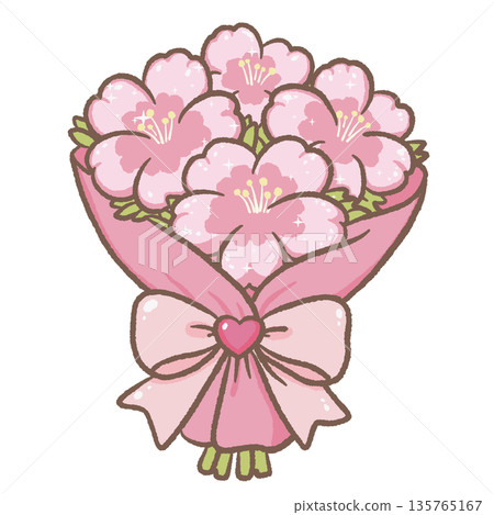 Romantic cherry blossom bouquet with bow heart accent pastel pink kawaii floral arrangement illustration for spring decor gift cards planners bookmark Romantic cherry blossom bouquet with bow heart accent pastel pink kawaii floral arrangement illustration for spring decor gift cards planners bookmark 135765167