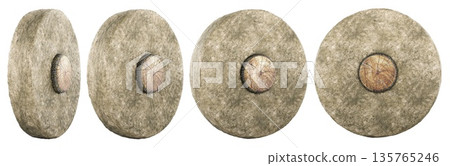 Ancient stone wheel set in multiple angles. 3D rendering 135765246