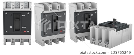 Electrical circuit breaker in multiple views with different toggle positions. 3D rendering 135765249