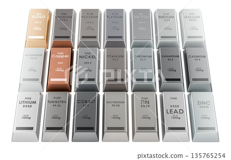 Set of precious and industrial metal ingots with purity stamps. 3D rendering 135765254