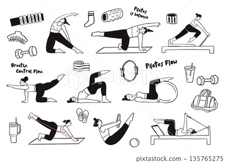 Pilates poses illustrations collection. Black and white minimalist drawings of women exercising and Pilates poses illustrations collection. Black and white minimalist drawings of women exercising and 135765275