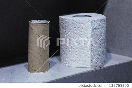 Contrast between a full roll of soft embossed paper and a finished cardboard base. Everyday bathroom scene symbolizing consumption and running out of supplies 135765290