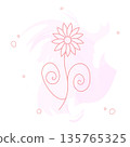 Elegant flower illustration with fine contour lines and swirls. Abstract pink watercolor background. Perfect for gentle branding, greeting cards, and spring designs 135765325