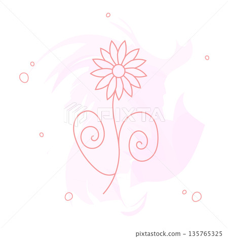 Elegant flower illustration with fine contour lines and swirls. Abstract pink watercolor background. Perfect for gentle branding, greeting cards, and spring designs Elegant flower illustration with fine contour lines and swirls. Abstract pink watercolor background. Perfect for gentle branding, greeting cards, and spring designs 135765325