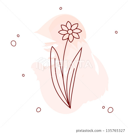Elegant botanical line art illustration of a flower. Dark red outline against a soft watercolor splash. Perfect for eco-branding, packaging design, and autumn decor Elegant botanical line art illustration of a flower. Dark red outline against a soft watercolor splash. Perfect for eco-branding, packaging design, and autumn decor 135765327