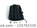 Everyday backpack for laptop and travel. Concept of getting ready for school, university, or office. Minimalist interior and travel readiness 135765330