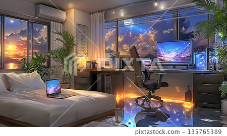 沐浴在夕陽中的臥室兼工作空間 135765389