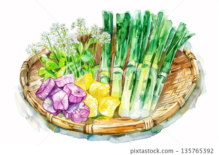 一幅水彩插畫，描繪了各種新鮮的竹筍、油菜花和野生蔬菜，讓人聯想到春天的到來。 135765392