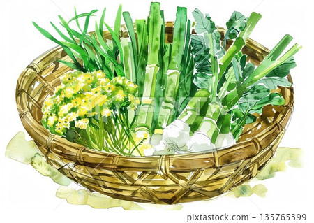 A watercolor illustration of an assortment of fresh bamboo shoots, rape blossoms, and wild vegetables that evokes the arrival of spring 135765399