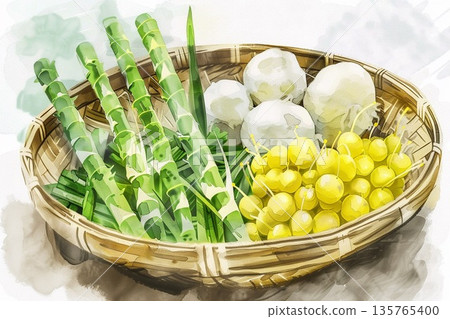 一幅水彩插畫，描繪了各種新鮮的竹筍、油菜花和野生蔬菜，讓人聯想到春天的到來。 135765400