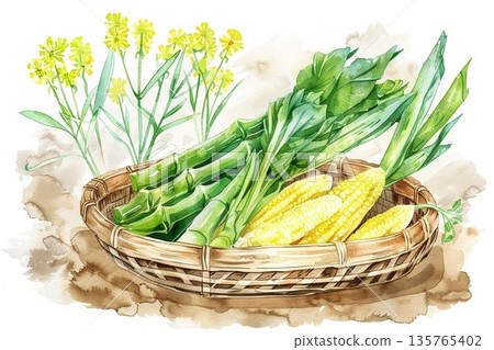 一幅水彩插畫,描繪了各種新鮮的竹筍、油菜花和野生蔬菜,讓人聯想到春天的到來。 一幅水彩插畫,描繪了各種新鮮的竹筍、油菜花和野生蔬菜,讓人聯想到春天的到來。 135765402