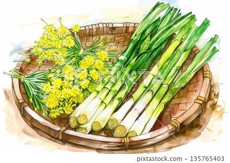 A watercolor illustration of an assortment of fresh bamboo shoots, rape blossoms, and wild vegetables that evokes the arrival of spring 135765403