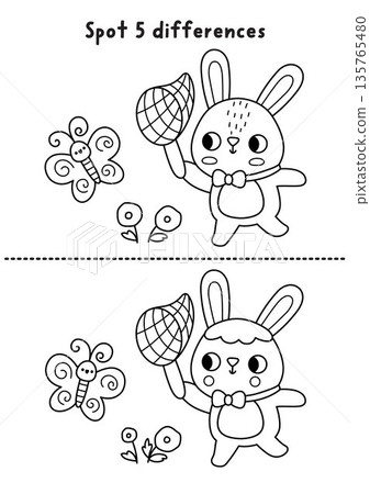 Easter find differences black and white game. Spring holiday line educational activity with bunny catching butterfly with net. Cute puzzle for kids. Printable worksheet, coloring page 135765480