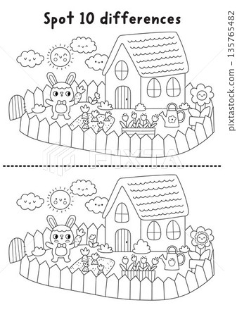 Easter find differences black and white game. Spring holiday line educational activity with bunny growing carrots in his garden. Cute puzzle for kids. Printable worksheet, coloring page Easter find differences black and white game. Spring holiday line educational activity with bunny growing carrots in his garden. Cute puzzle for kids. Printable worksheet, coloring page 135765482