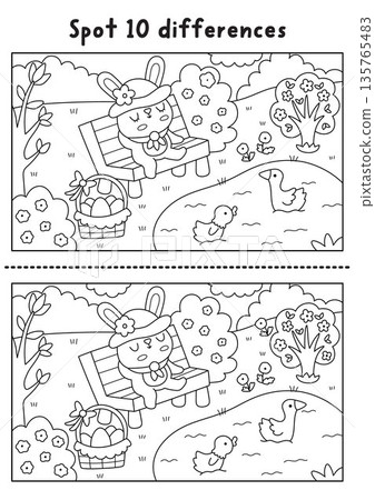 Easter find differences black and white game. Spring holiday line educational activity with bunny sitting on bench near pond with birds. Printable worksheet, coloring page, puzzle with rural scene 135765483