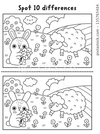 Easter find differences black and white game. Spring holiday line educational activity with bunny picking flowers on meadow with sheep. Printable worksheet, puzzle, coloring page with rural scene 135765484