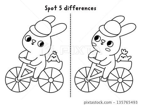 Easter find differences black and white game. Spring holiday line educational activity with bunny riding bike with chick in basket. Cute puzzle for kids. Printable worksheet, coloring page Easter find differences black and white game. Spring holiday line educational activity with bunny riding bike with chick in basket. Cute puzzle for kids. Printable worksheet, coloring page 135765493