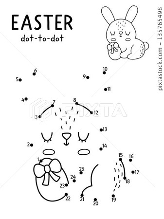 Easter village vector dot-to-dot and color activity with cute bunny with egg. Black and white spring connect the dots game for children with holiday symbol. Line printable worksheet with rabbit 135765498