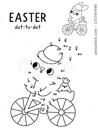 Easter village vector dot-to-dot and color activity with cute bunny on bike with chick. Black and white spring connect the dots game for children with holiday symbol. Line printable Easter village vector dot-to-dot and color activity with cute bunny on bike with chick. Black and white spring connect the dots game for children with holiday symbol. Line printable 135765499