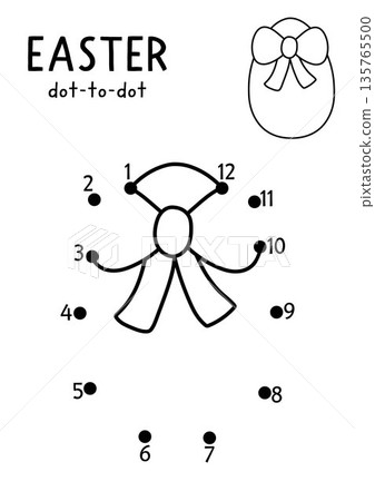 Easter village vector dot-to-dot and color activity with cute colored egg with bow. Black and white spring connect the dots game for children with holiday symbol. Line printable worksheet 135765500