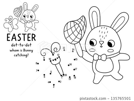 Easter village vector dot-to-dot and color activity with bunny catching butterfly. Black and white spring connect the dots game for children with holiday symbol. Line printable worksheet with rabbit 135765501