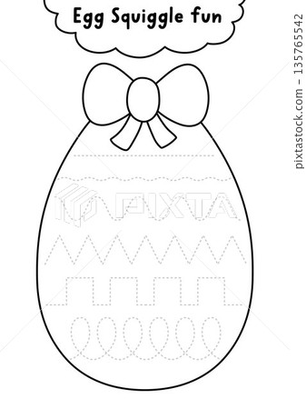 Vector Easter handwriting practice worksheet shaped as egg with squiggle pattern as decoration. Black and white drawing printable activity. Spring holiday tracing game, coloring page 135765542