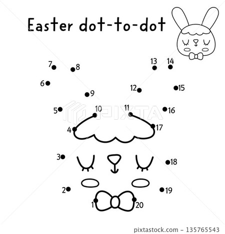 Easter village vector dot-to-dot and color activity with cute bunny face. Black and white spring connect the dots game for children with holiday symbol. Line printable worksheet with rabbit head 135765543
