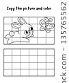 Copy the picture and color. Draw a bunny. Vector line Easter drawing, coloring practice or page worksheet. Black and white printable spring holiday activity with hare catching butterfly 135765562