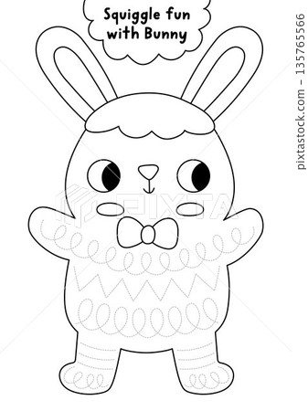 Vector black and white Easter handwriting practice worksheet shaped as bunny with squiggle pattern on his body. Preschool drawing printable activity. Spring holiday line tracing game, coloring page 135765566