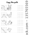 Easter black and white drawing, writing, tracing, space orientation activity for kids. Draw lines in square box according example. Spring holiday printable game, coloring page with bunny, hen, bird 135765569