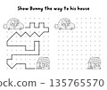 Easter village black and white drawing, writing, tracing, space orientation activity with bunny driving to house. Draw lines in box according example. Spring holiday printable game, coloring page 135765570