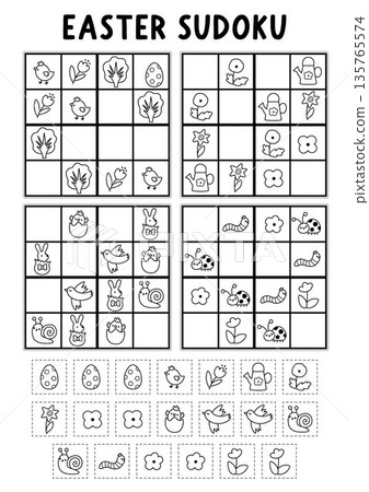 Vector Easter village sudoku puzzle for kids with pictures. Black and white spring holiday quiz with cut and glue elements. Education line activity, coloring page with chocolate bunny, egg Vector Easter village sudoku puzzle for kids with pictures. Black and white spring holiday quiz with cut and glue elements. Education line activity, coloring page with chocolate bunny, egg 135765574