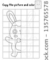 Complete Bunny. Vector Easter symmetrical drawing practice worksheet with hare. Black and white printable spring holiday activity, coloring page for kids. Copy the picture game 135765578