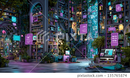 一個巨大的未來城市圖書館，被資訊包圍著。 135765874