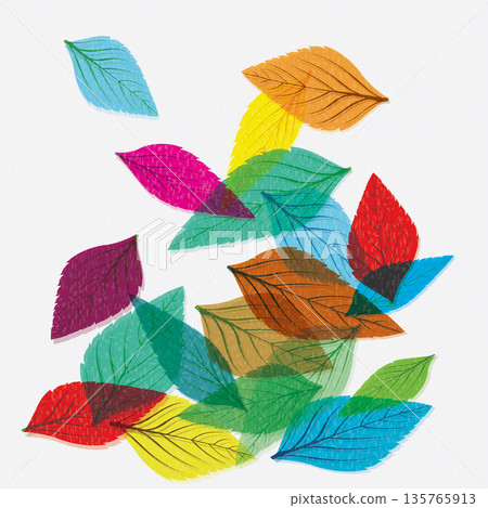 Colorful leaves falling overlap transparent with riso print effect vector illustration on white background. Colorful leaves falling overlap transparent with riso print effect vector illustration on white background. 135765913