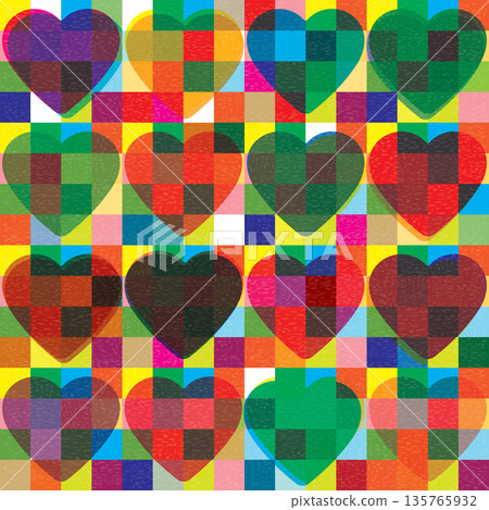 Heart shapes overlap transparent on colorful mosaic background with riso print effect vector illustration . Valentine card retro risograph technique. Heart shapes overlap transparent on colorful mosaic background with riso print effect vector illustration . Valentine card retro risograph technique. 135765932