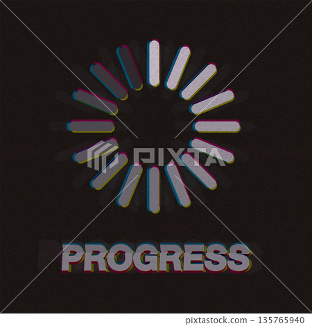 PROGRESS word with loading circle CMYK colors overlap transparent riso print effect vector illustration on black background. 135765940