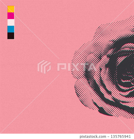 Rose flower halftone screen CMYK colors overlap transparent with riso print effect vector illustration on pink background have blank space. Valentine's day greeting card template. 135765941