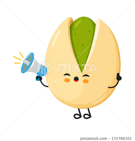 Pistachio character holding megaphone broadcasting announcement Pistachio character holding megaphone broadcasting announcement 135766101